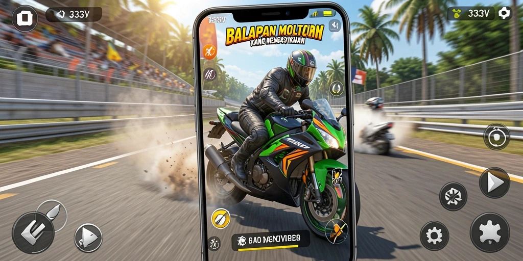 Screenshot gameplay 333V menampilkan balapan motor yang mendebarkan.