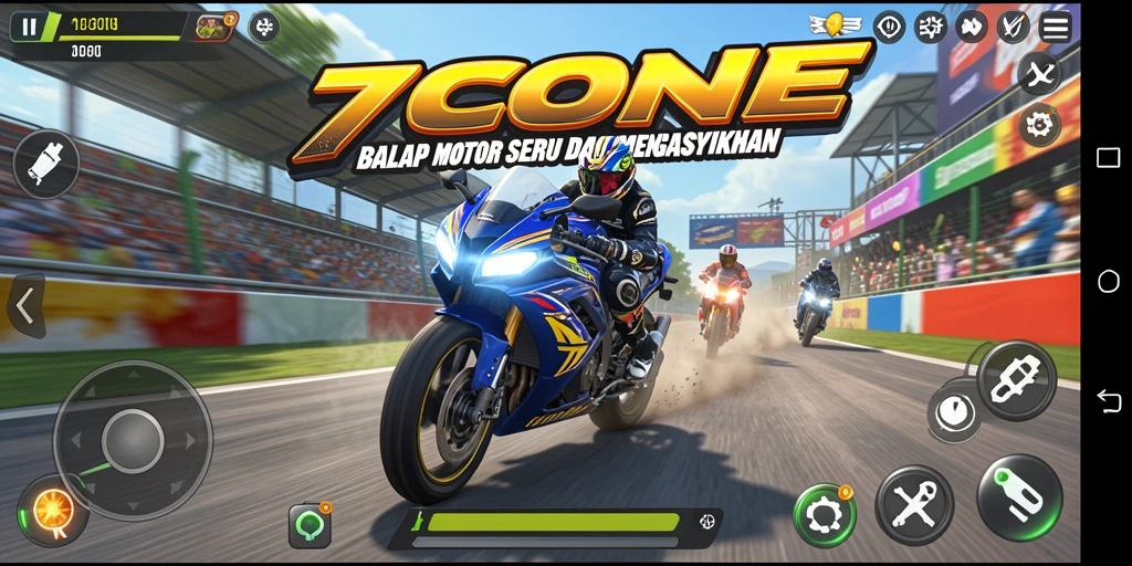 Tampilan gameplay mendebarkan dari 7CONE saat balapan motor.