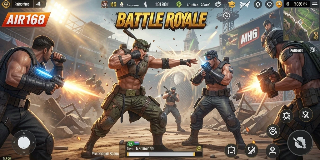Tampilan gameplay seru di AIR168 dengan pertarungan Battle Royale intens.