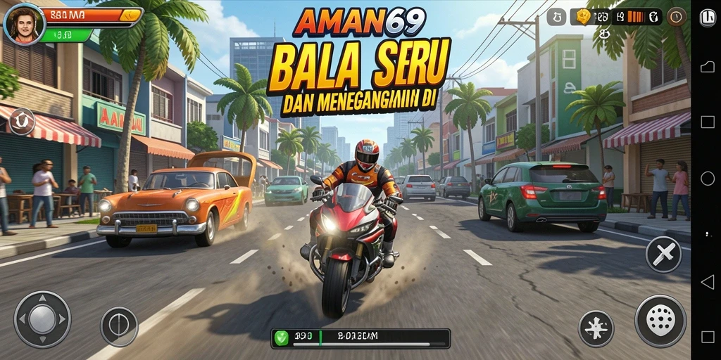 Screenshot menunjukkan aksi balapan seru di AMAN69 dengan mobil berkualitas tinggi.