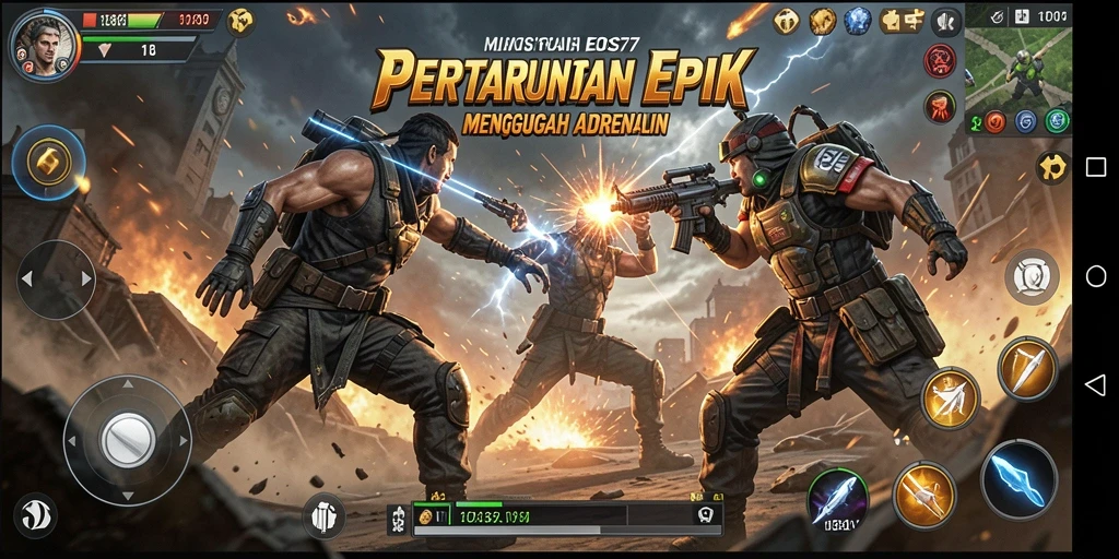 Screenshot gameplay EOS77 menampilkan aksi pertarungan yang dinamis dan intens.