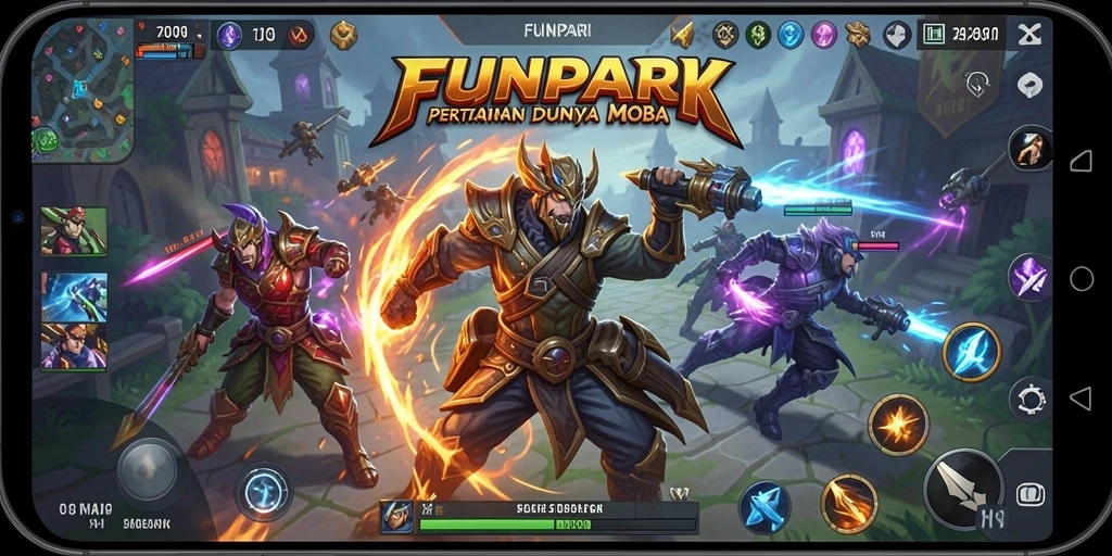 Screenshot FUNPARI menampilkan pertempuran seru di arena MOBA.