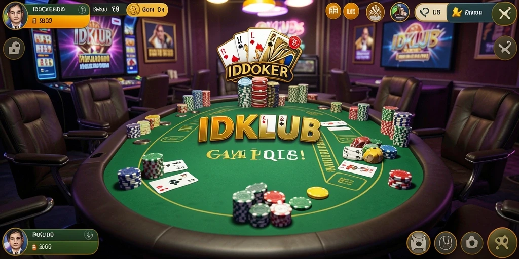 Screenshot utama IDKLUB menunjukkan gameplay Poker yang seru dan kompetitif.