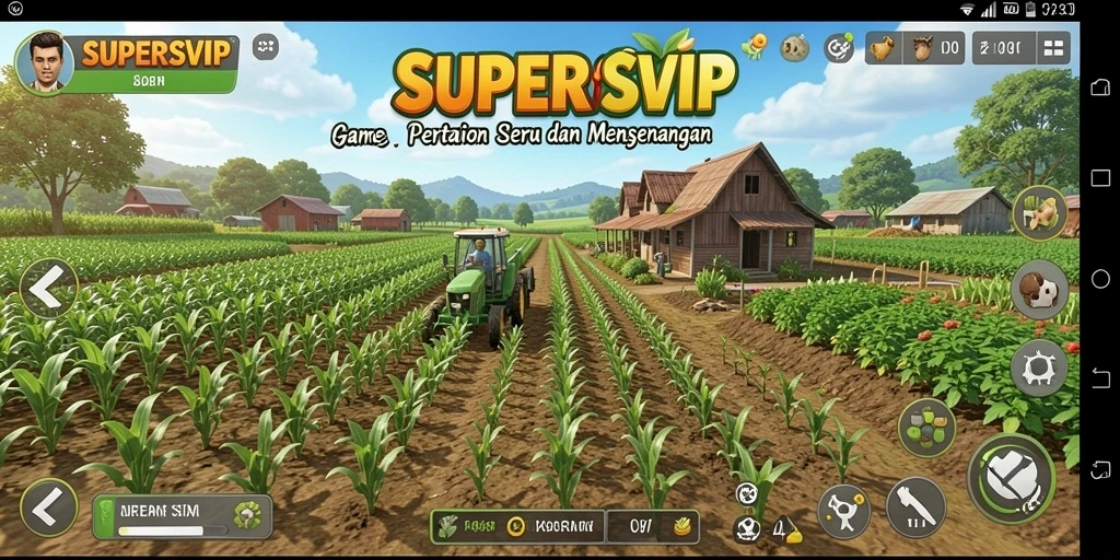 Tampilan gameplay SUPERSVIP yang menarik dengan aktivitas pertanian.