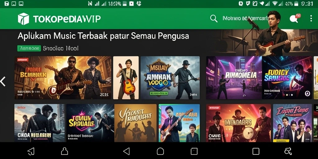 Screenshot TOKOPEDIAVIP menampilkan interface aplikasi dengan pilihan musik yang beragam.