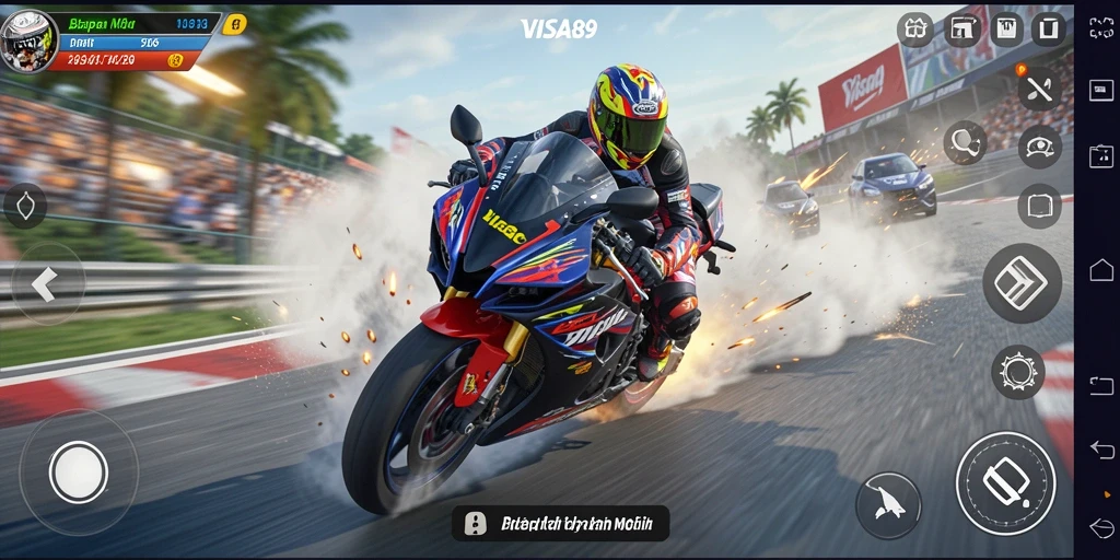 Tampilan gameplay menegangkan dalam balapan motor yang seru.